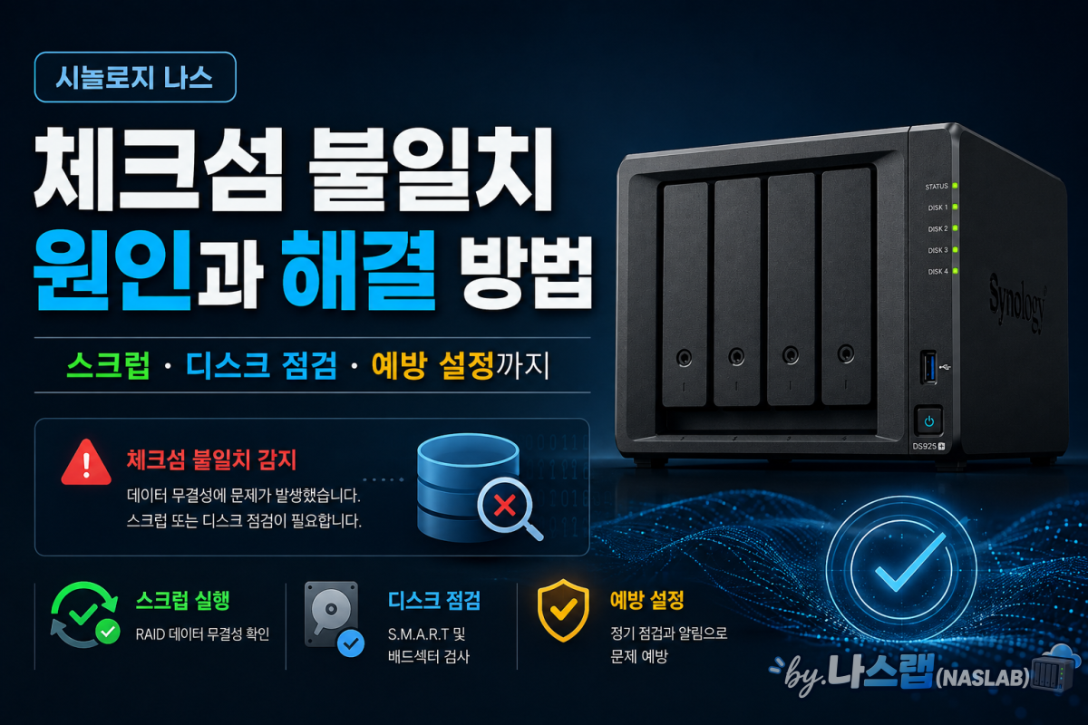 시놀로지 나스 체크섬 불일치 원인과 해결 방법 — 스크럽·디스크 점검·예방 설정까지